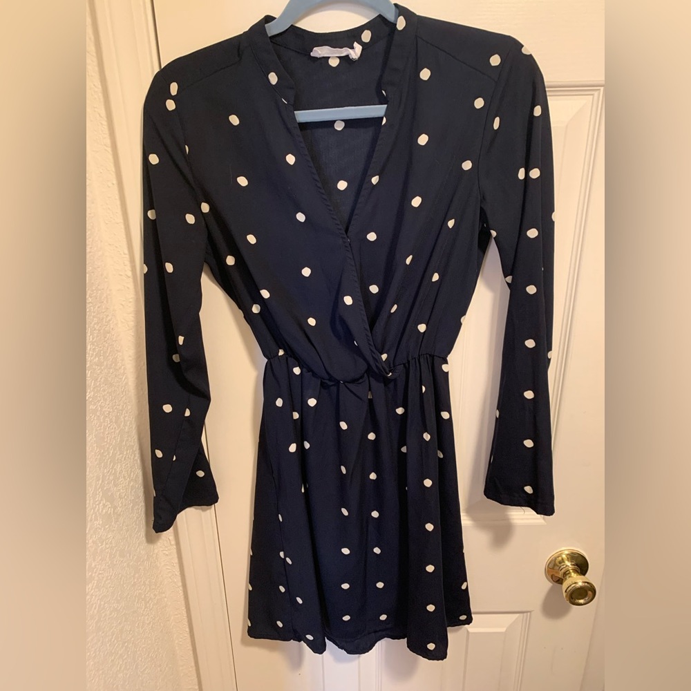 Polka dot navy blue long sleeve dress